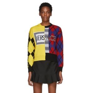 Versace Paneled Printed Reconstructed Intarsia Wool-Blend Sweater Multicolor